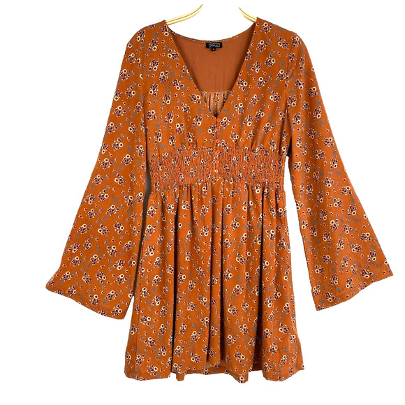 LIRA Bell Sleeve Floral Mini Dress Size S Pumpkin Cottagecore Boho Smocked Waist - Picture 1 of 11